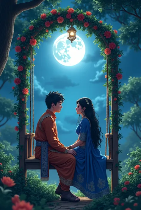 Naruto & hinata in blue saree site in a swinging huge together in Indian traditional in the full moon night and as long fully green garden