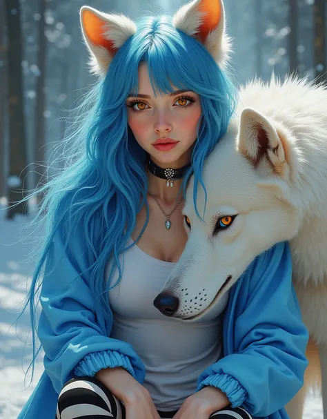 (until)  Beautiful and delicate golden eyes  makes friends with the Great White Wolf.  Beautiful and delicate golden eyes , master in the style of David Uhl ,  oil on canvas Portray her with a long , loose blue hair,  wearing a fantastic blue and white out...