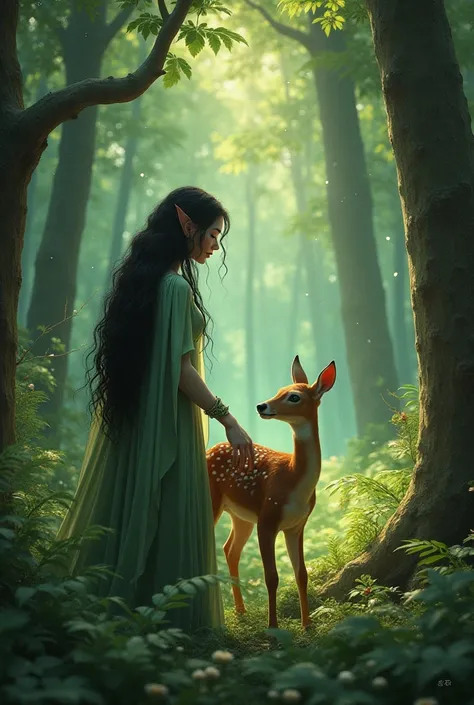 " A tall half-elf And ethereal is found in the heart of a magical forest ,  surrounded by wild creatures .  Her pale skin shines under the faint sunlight that filters through the trees ,  and his long black hair Jet jet falls in soft waves up to her waist ...