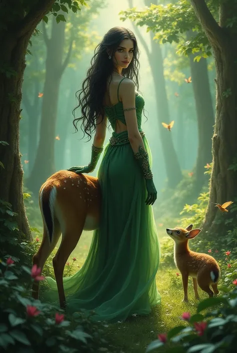 " A tall half-elf And ethereal is found in the heart of a magical forest ,  surrounded by wild creatures .  Her pale skin shines under the faint sunlight that filters through the trees ,  and his long black hair Jet jet falls in soft waves up to her waist ...