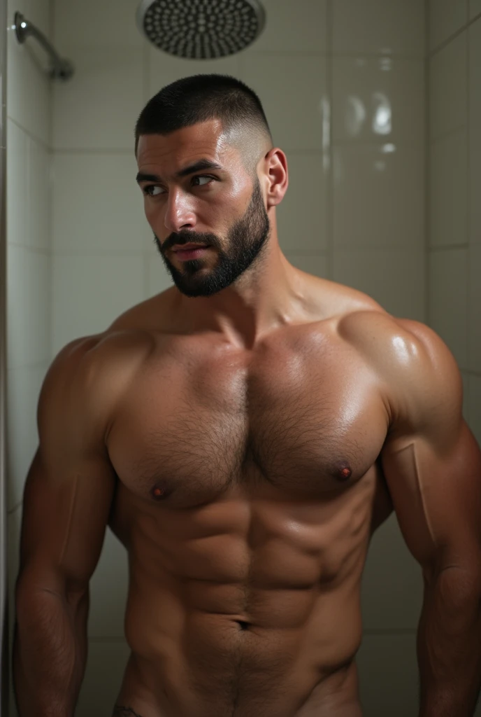 Handsome male nudist, prominent eyes, strong jaw, relaxed mouth, crew dark hair , much bear face, hairy chest, full figure, hand motion, exposed below the waist, exposed gluteus, in the shower, wet, pose is provocative, hyperdetailed photography, front low...