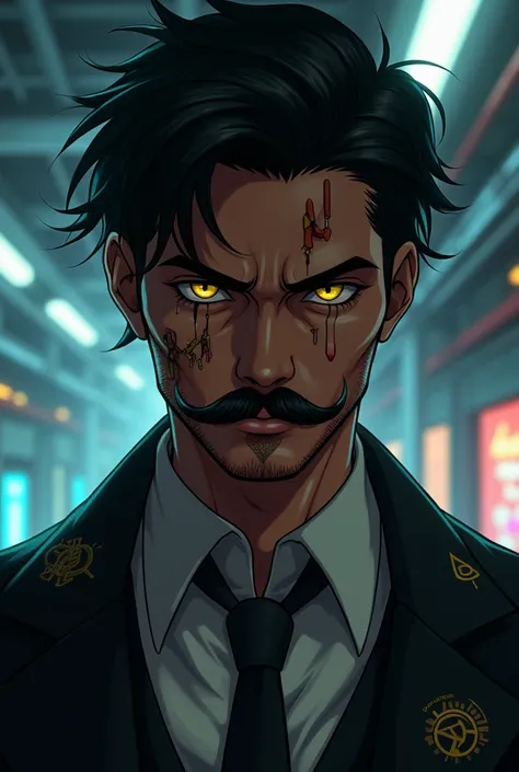  black hair, ojos amarillos, Arabian skin ,  young man,  cyberpunk factory , businessman, ganster, thick moustache , African, Anime style, ritual marks on the skin,  deep look , portrait, Cyberpunk , Light expression of evil