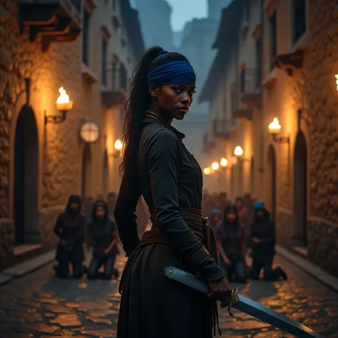  The scene takes place in a medieval city , At night,  illuminated by the faint lights of the torches that burn on the rock walls .  In the center of the square ,  amidst narrow and old streets , A black woman,  looking imposing and fearless , stands out. ...