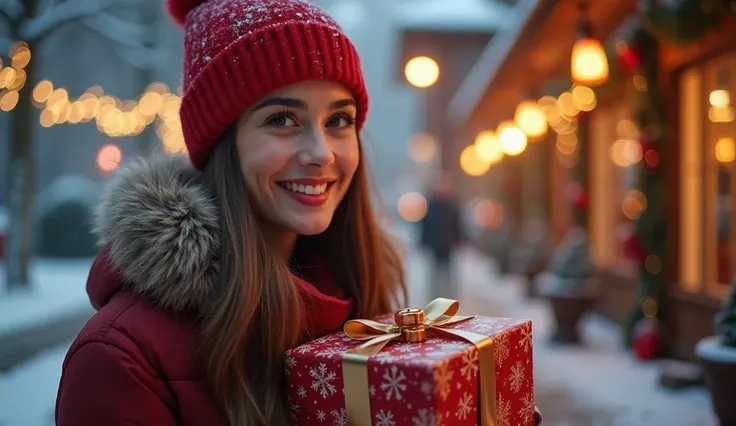  Make a 25-year-old woman , delivering a gift,  she has a red hat on her head , Realistic Christmas mood 