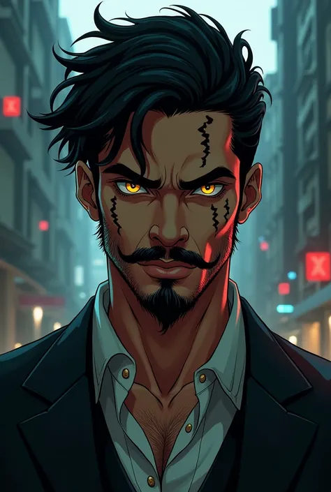  black hair, ojos amarillos, Arabian skin ,  young man,  cyberpunk factory , businessman, ganster, thick moustache , African, Anime style, ritual marks on the skin,  deep look , portrait, Cyberpunk , Light expression of evil