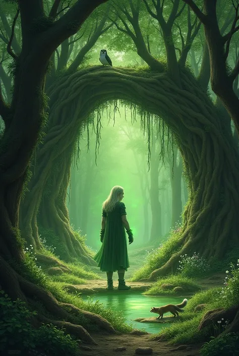 "Eowen ,  a tall and graceful half-elf ,  is in a clearing of the magical forest ,  surrounded by the soft light of the evening .  His Zëryndium gloves emit a greenish glow as he channels his energy to create a burrow in the heart of nature. } The ground b...