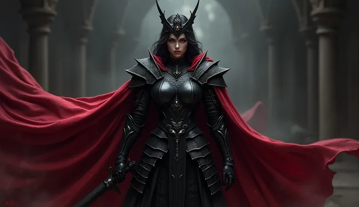 This is a very cool and detailed image! It shows a dark and powerful warrior, clad in black armor with a crown and a piercing stare. She is holding a black sword and wears a red cape. The lighting and colors are well-done. The dark armor and red cape creat...