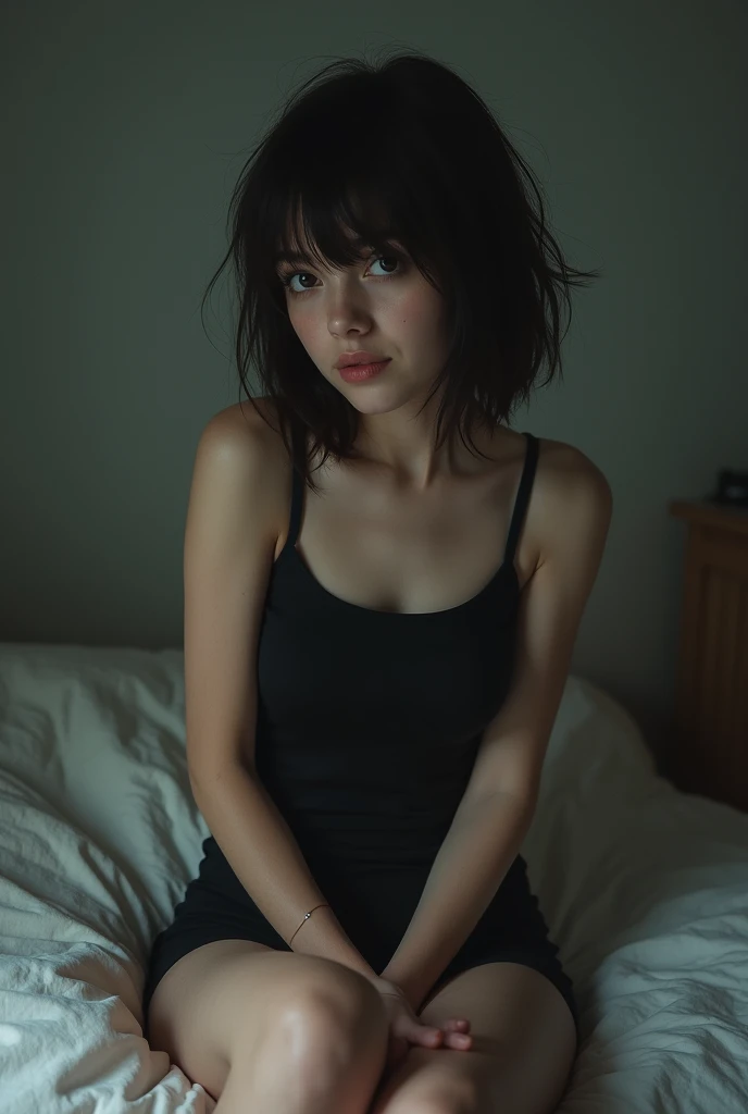  a selfie of a girl in black clothes. real image. poor quality.  Sitting on the bed wearing shorts . at night.  type of camera roll image . poor quality de imagem.