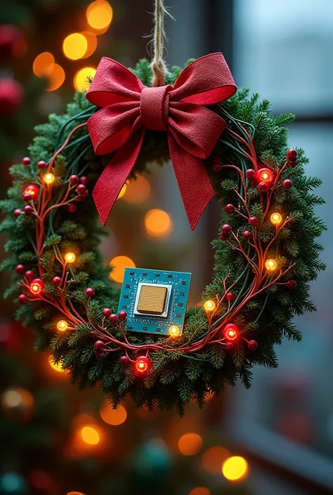 A Christmas wreath made from colorful cables, glowing diodes, and tiny computer chips, with a CPU in the center acting as a decorative bow. The background is a warm, festive glow.