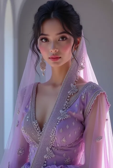 A girl wearing Indo western wedding dress of purple pearl asthetic 