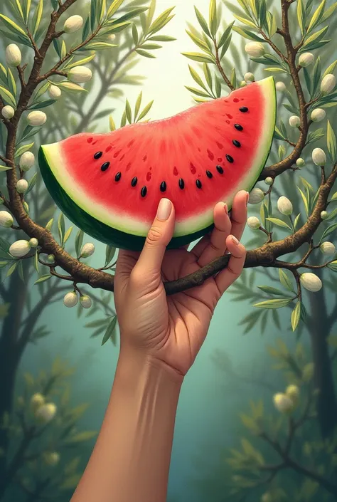 A hand holding up a large piece of watermelon. An olive tree in bloom is wrapped around the hand.illustrated 