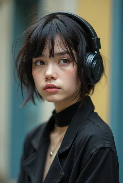   extremely short hair , As if Billie Eilish got her hair cut like a man, tired and looking away,  street style dressed ,  with wireless headphones on her head {x},  23 old girls with eyebrows the same as billie eilish ,  with erect breasts ..   photo vert...