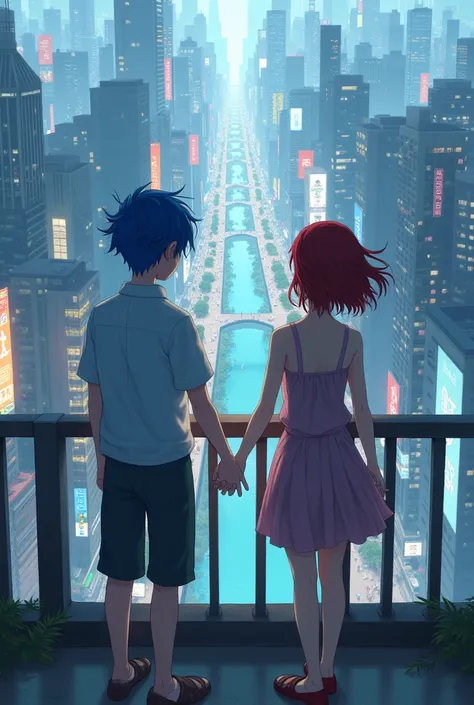 draw me 2 people standing on a bridge in the middle of tokyo city. one of them should be a boy with blue hair and the 2nd person should be a girl with dark red hair and they should hold hands