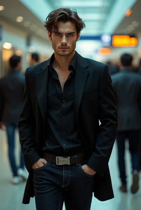 airport, one sexy men, 30 years old, brown air, brown and gold eyes, black suit, black jean, russian, dangererous men, Resolution, real,