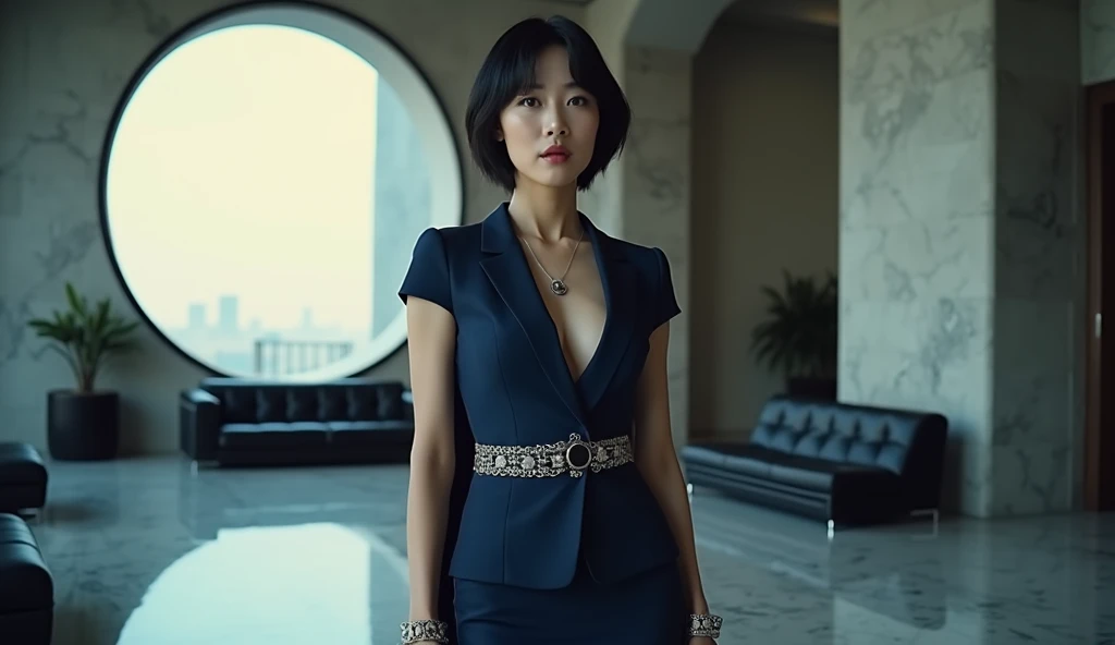 beautiful chic business woman, cheongsam, navy blue form fitting long sleeve blouse,  navy blue pencil skirt, deep v, delicate silver necklace, still from Denis Villeneuves dune,  delicate bangle, high heels, leggy, busty, beautiful woman, asian woman, cle...