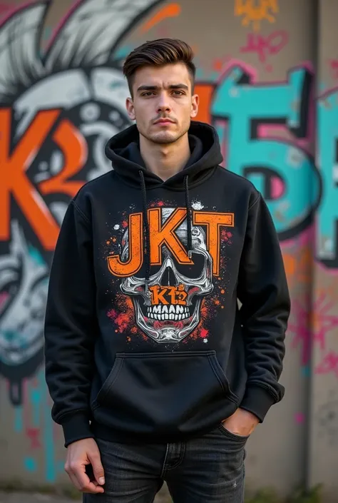  Full view of a young 25-year-old man in front of a graffiti-strewn wall .

Pria tersebut mengenakan hoodie black dengan desain grafis yang menampilkan berbagai pola, symbol, and text.  The design is colorful ,  with orange , red, black, white, dan sedikit...