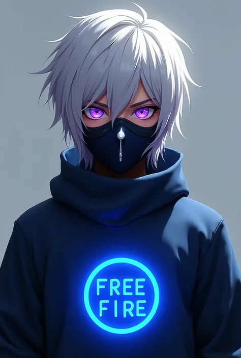 A guy with medium-short white hair with bright purple eyes with a mask that has a white tip on his nose and a blue chest that has a blue dot filled with free fire