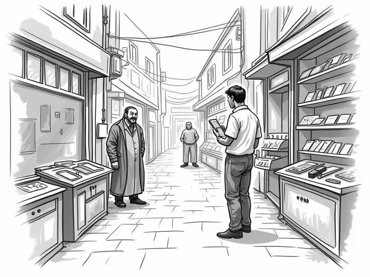 Plan 2 black and white line drawing sketch suitable for storyboard
Location: Location: An old shop full of second-hand goods, in a side street. Time: Afternoon, the ambient light inside the shop is dim. Description of the situation: Jacob enters an old sho...