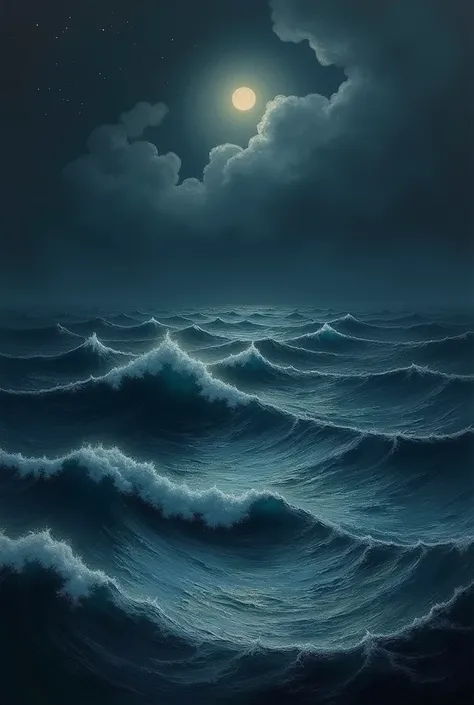 Generate a moody night painting of tge ocean 