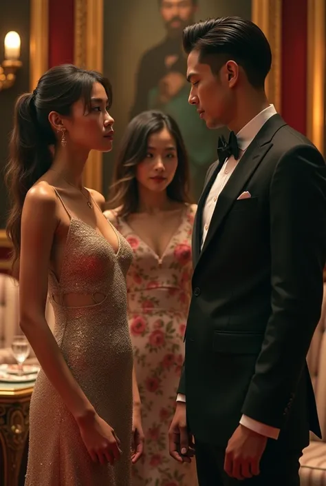 the 23-year-old in elegant clothes and a girl with a jealous expression as she watches a rich man in a luxurious environment. 