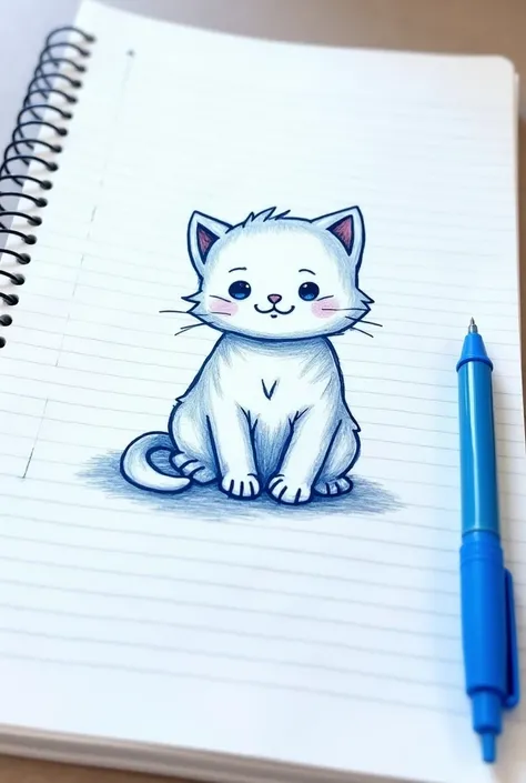 **Prompt to generate a very tasty :**  
" A drawing of a kitten made on a sheet of school notebook with blue lines .  The drawing is made with simple and creative strokes of a blue ballpoint pen,  with the kitten in a slightly humanized style ,  showing fr...