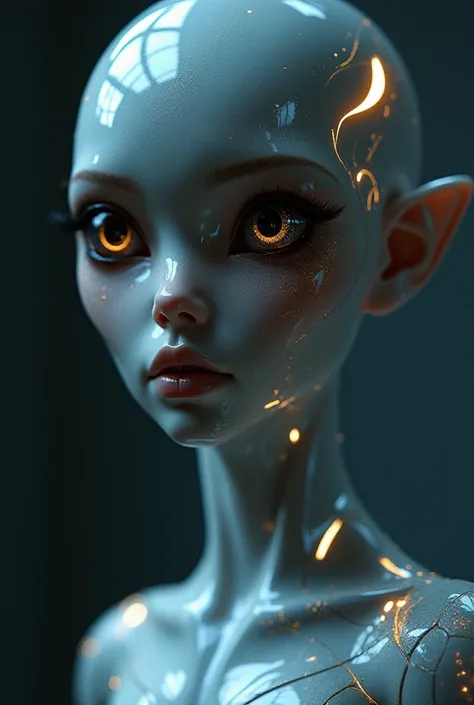 A humanoid figure with a beautiful yet alien face, featuring large, black eyes that shine with an otherworldly glow. The skin is smooth, with a slight metallic sheen that gives an ethereal, futuristic look. The face is symmetrical, with a blend of human an...