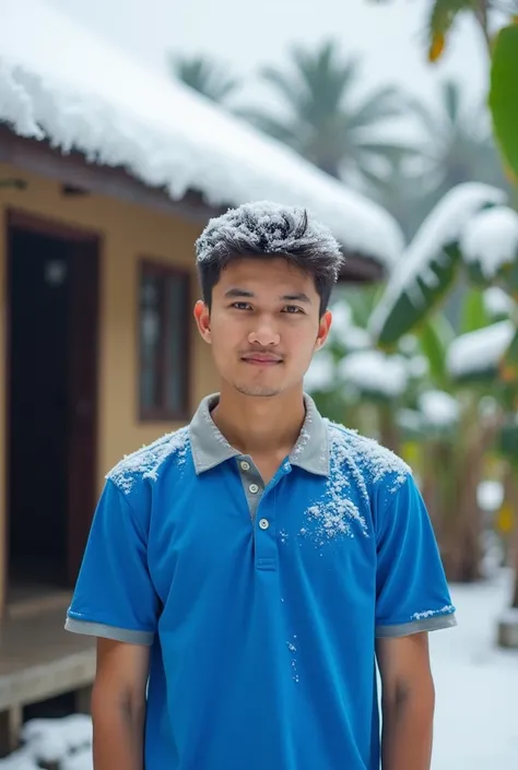 Half body photo of a 23 year old handsome Indonesian white man standing outdoors in a cool environment. He was wearing a blue polo with a light black collar, and was standing in front of a small house near the rice fields. Inside it was covered in snow, he...