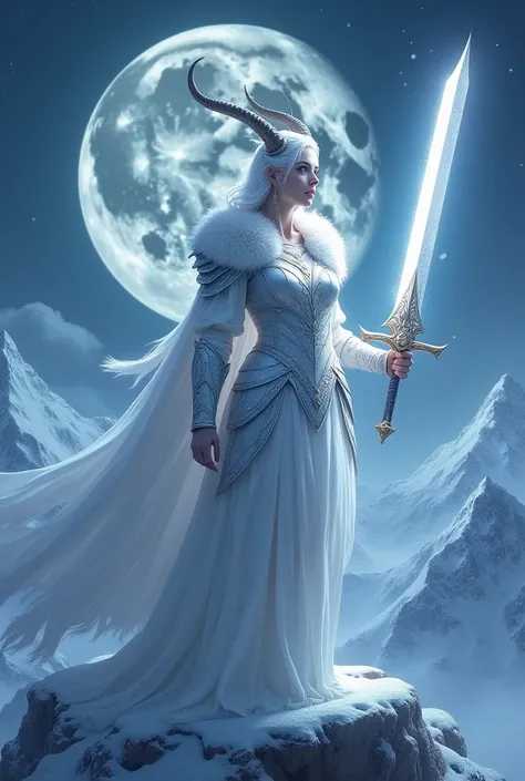 White woman, short-haired and white ,  rising with goat horns ,   with white and majestic armor ,  holding a white and majestic and shiny sword pointing upwards ,  on the top of a snowy mountain at night but with the moonlight illuminating it, the moon in ...