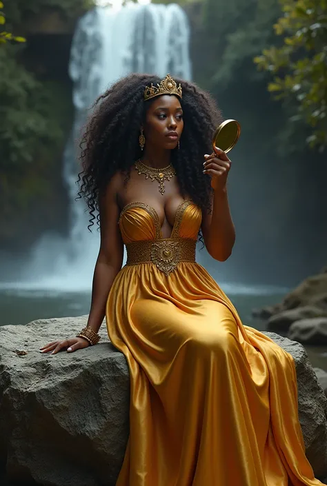  beautiful black woman ; very dark skin;  long voluminous curly hair; wearing a beautiful gold dress ; wearing a crown;  wearing flashy bracelets and necklaces; sitting on a rock;  holding a hand mirror; waterfall scenery in the background  