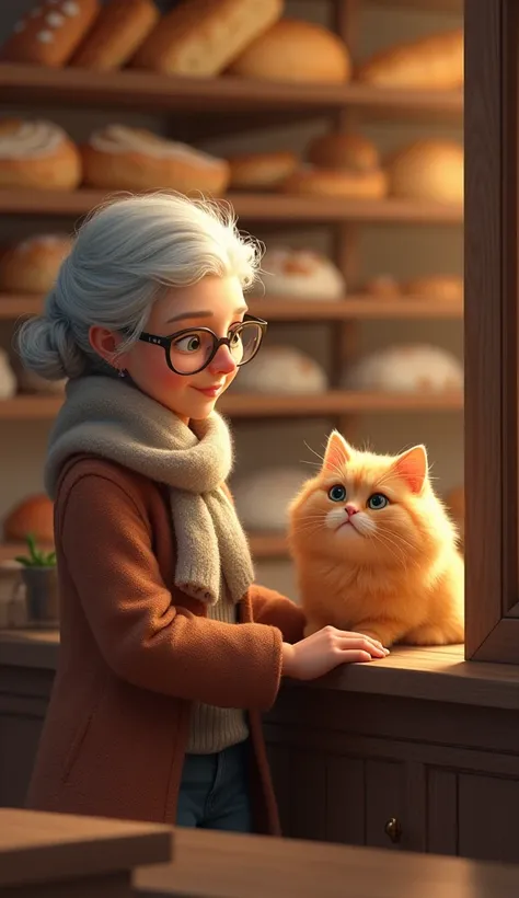 An elderly woman wearing glasses and a shawl walking into a cozy bakery, greeted by a smiling golden Scottish Fold cat behind the counter, with pastries and bread displayed on shelves.
