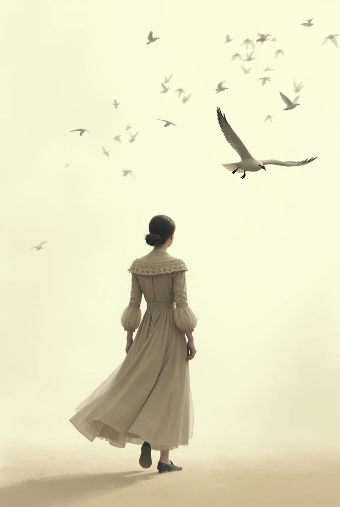 "A person walking with many birds flying above them, dressed in old-fashioned clothing. Only their back is visible, with a pale white background