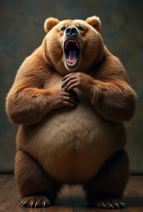 a furry giant monstrous massive chubby brown bear, naked, holding his hard cock, his balls hanging between his legs. A massive cumshot shooting from his cock. The look of utter pleasure on his face, screaming moaning with pleasure, looking directly at came...