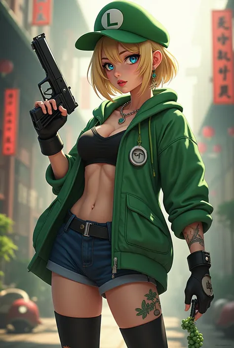  Japanese super hero , Style 3D, short light blonde hair,  Luigi green cap , blusa tony tony chopper,  cover inspired by a doctor ,  ripped black socks ,  dinosaur shoe , strong female body,  impeccably beautiful face , Pistol in left hand,  eyes with blue...