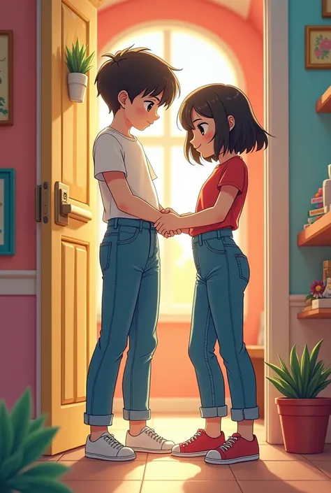 Boy struggling helping the girl putting on the girls high-waisted mom jeans. Im confused. unbuttoned unzipped peek getting dressed shirtless inside colorful playhouse anime style