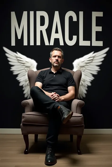 Create a 3D illusion picture where a Man in a black shirt sits casually on a Wingback Chair.  The background features “MIRACLE” in big and capital white fonts on the black wall. There should not be his shadow, and there are wings to make it appear as if he...