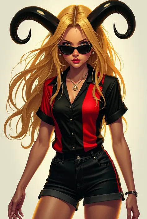 Womens yellow hair golden horns black and red striped shirt black shorts and lenses