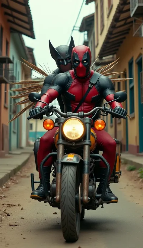 realistic image of Wolverine and Deadpool riding a motorcycle, the motorcycles are old and decorated, they are wearing feathered costumes, they are in a favela in Brazil, they are on a narrow street, the houses have cages with birds inside