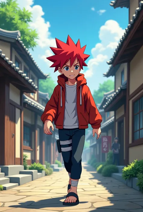  Create a red character with pointed hair , That he is from the village of Konoha and that he is walking between several houses and that the character is a boy