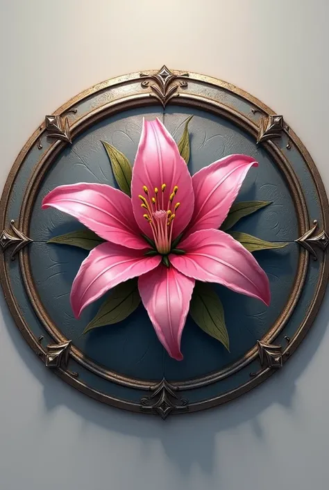 Realistic circular seal of a shield with a pink lily in the center