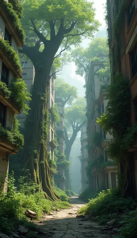 An urban landscape being invaded by the forest