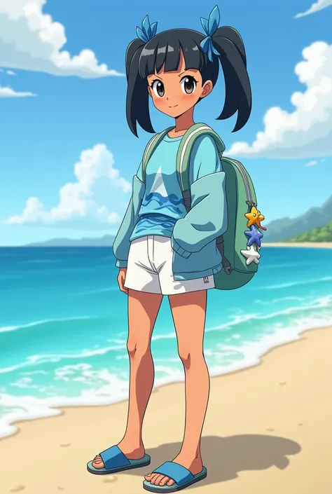 pokemon trainer  . girl - Milena

Clothing :  Milena wears a light blue t-shirt with wave drawings and white shorts that match her waterproof sandals.  She has a light blue light blue jacket that she wears on nights near the sea .  Her backpack is decorate...