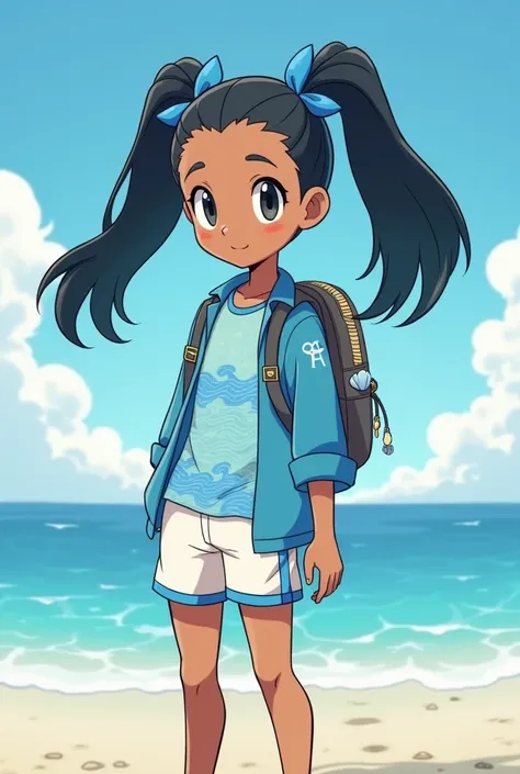 pokemon trainer  . girl - Milena

Clothing :  Milena wears a light blue t-shirt with drawings of waves and matching white shorts with their waterproof sandals.  She has a light blue light blue jacket that she wears on nights near the sea .  Her backpack is...