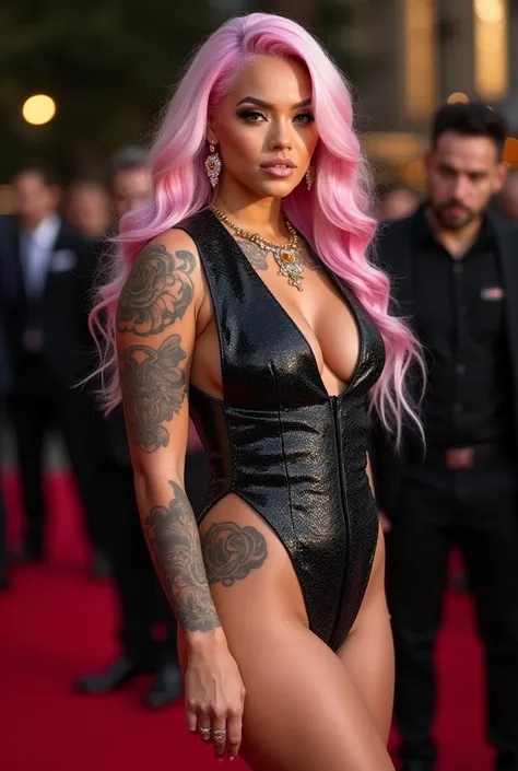 Can you create me an image of a very gorgeous curvy body white celebrity woman with colored hair and colored highlights, perfect lips and long eye lashes, tattoos, Chanel fitted party outfit, heels, bling jewelry, posing for a professional photo at a femal...