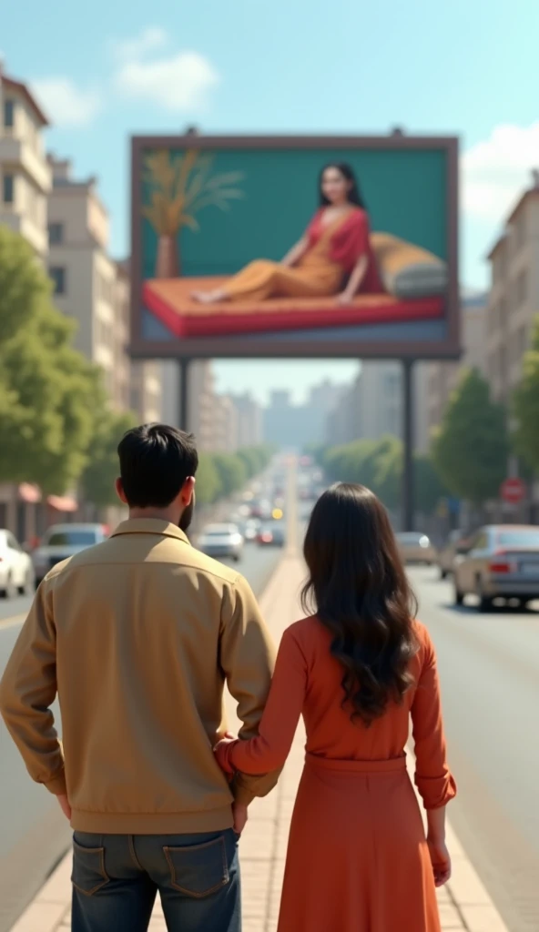 A Pakistan man of 30 years age with black hair is looking on a large bill board that is on the other side of road, billboard is printed with a pakistani model who is sit on mattress wearing traditional dress, road in background, also a woman of 25 years ag...