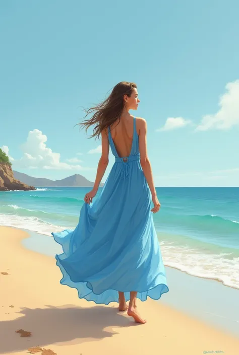 Blue dress walking on beach