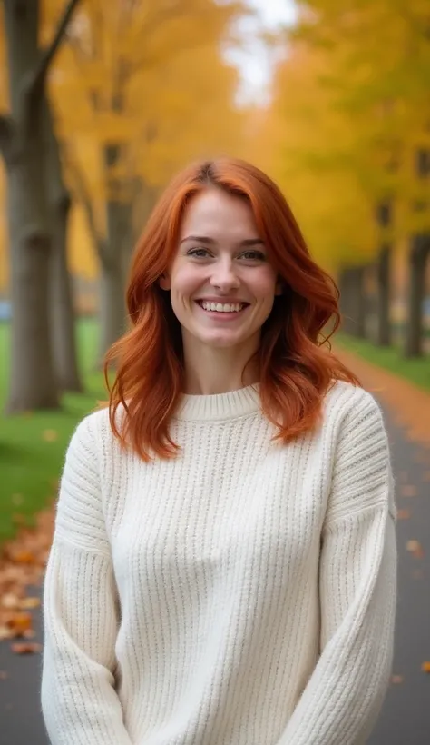 A 37-year-old woman with medium-length red hair, wearing a white sweater, smiling on a peaceful rural path in autumn.