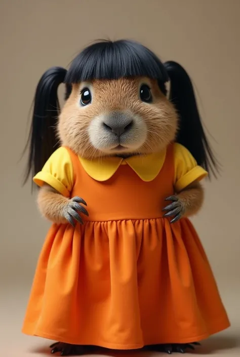  A capybara dressed in the costume and wrist wig of the popular Netflix show  "SQUID GAME".  He wears an orange dress with a yellow blouse underneath ,  combined with a black wig collected in two low pigtails. The capybara has a calm and adorable expressio...