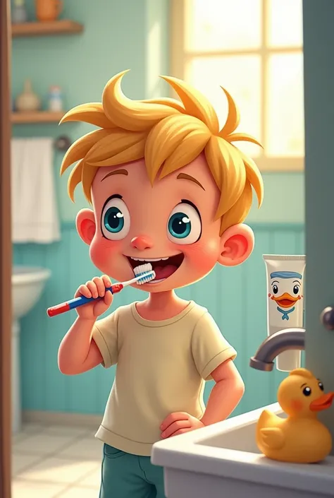 create a scene in the form of a cartoon with a young boy with blond hair brushing his teeth