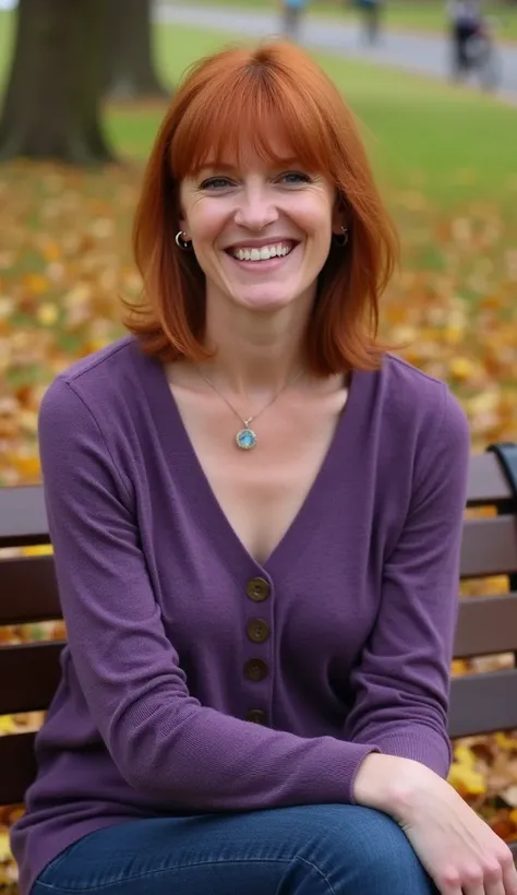 A 35-year-old woman with shoulder-length red hair, wearing a purple cardigan, sitting on a park bench surrounded by autumn leaves.