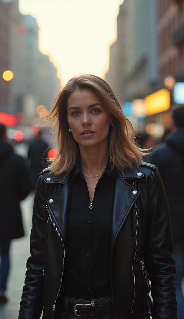 A 36-year-old woman with medium-length dark blonde hair, wearing a leather jacket, walking through a busy street in the evening.